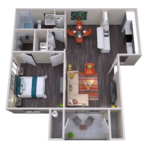 Floor plan for 1 bed, 1 bath, 728 sqft
